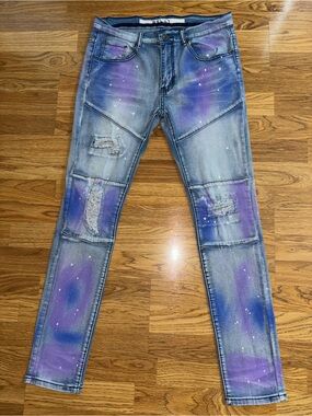 R3bel Skinny Jeans Men’s Size 32x32 Light Wash Distressed Paint Designs Splatter